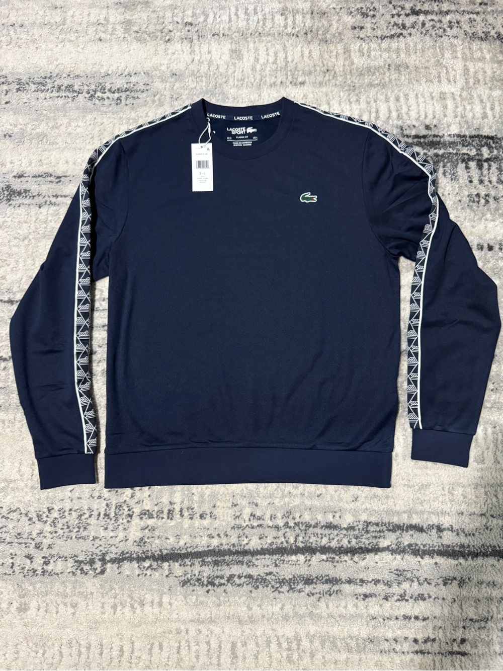 Lacoste Navy Crewneck Sweatshirt with White Sleeve Tape